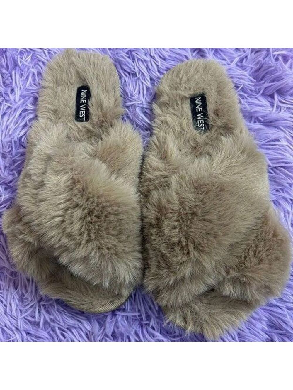 Nine West Women’s Faux Fur Slide Slippers Size 5-6 Cozy Fuzzy House Shoes